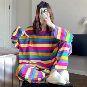 100KG Plus Size Korean Long Sleeved Pajamas Set Women Autumn Student Girls Rainbow Loungewear Can Be Worn Outside Loose Clothes
