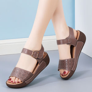 Xăng đan đế xuồng Cho Phụ Nữ 5Cm Gót da thật ngoài trời thường ngày Giày Nữ phong cách Hàn Quốc hở ngón Giày sandal đế xuồng Comfort Mùa Hè Phụ Nữ Giày có kích thước lớn