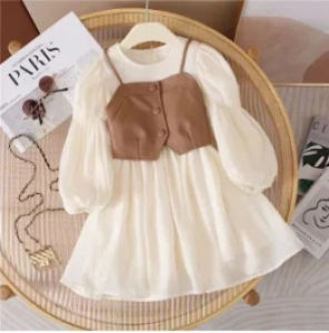 Spring Autumn Baby Suits Girl Vest + Long Sleeve Dresses 2piece Kids Cute Princess Dress Children Chiffon Vestido 2 To10T2026