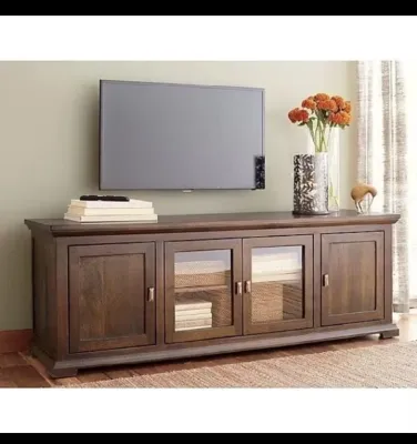 Bufet TV minimalis klasik kayu jati asli ukuran 160x45x85 cm dengan empat pintu dua kaca dan dua kayu cocok untuk ruang tamu modern.