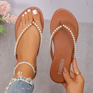 Free Shipping WomenS Flat-Soled Flip-Flops New Summer Style With Pearl Embellishments Soft Soles And Non-Slip Features Perfect For Wearing Outdoors On The Beach