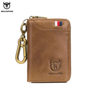 BULLCAPTAIN Top Layer Leather Key Case Mens Anti-theft Brush Coin Purse Card Case