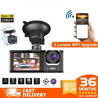 1080P FHD 3 Camera Dashcam for Car Front + Interior + Back / Rear Dash Cam Night Vision Driving video Connect WiFi