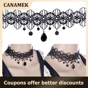 【 CANAMEK 】 Fashion Gothic Black Lace Retro Choker Collar Flower Pendant Necklace Jewelry