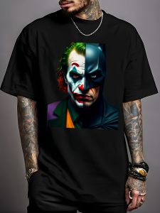 Mens Justice League Joker & Batman Face Split T-Shirt - Batman/Joker Dual Design Oversized Loose Fit Short Sleeve Tee Plus Size L-5XL Casual Comic Costume Apparel PLUS SIZE