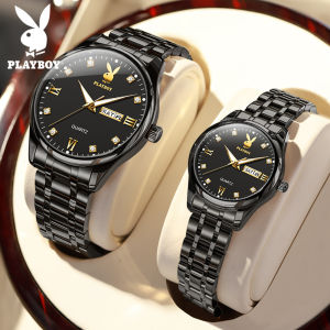 PLAYBOY Couple Watches Waterproof Luminous Double Calendar Diamond Dial Stylish Simple Stainless Steel Watch Gift For Your Lover