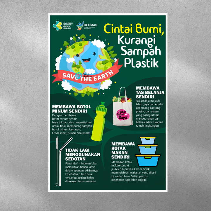 Poster Kesehatan Cintai Bumi Kurangi Sampah Plastik A3+ / Gambar ...