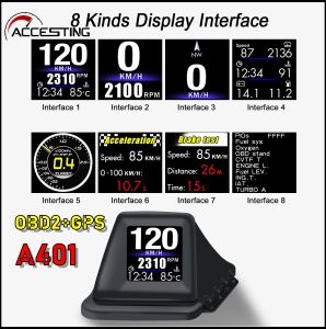 หน้าจอ HUD สำหรับรถยนต์ A401จอแสดงผล HUD แบบ OBD2พร้อมระบบคู่ OBD2+GPS มาตรวัดความเร็ว OBD2 8โหมดมัลติฟังก์ชั่นแดชบอร์ดวัดอัจฉริยะหน้าจอ