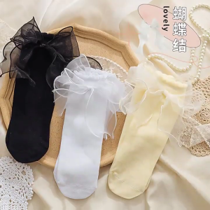 1 Pair Women Ruffle Socks Girl Lace Topped Ankle Socks Frilly Socks with Bowties Cotton Socks Princess Style Dress Socks