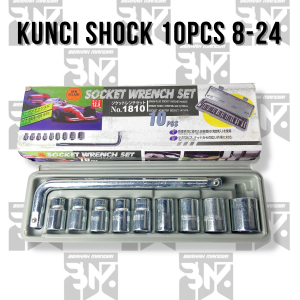 Kunci Shock Sock Set 10pcs 8-24MM New Deland Model Stang L - Sok Obeng Alat Bengkel Motor Mobil Set Chrome Tool Kit 10 In 1