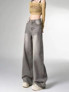 Wide-legged jeans for women retro lax grey straight-leg trousers