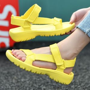 [Free Shipping] Womens Fashion Sandals Slippers Stylish Beach Shoes Outdoor Summer Large Size Lightweight Magic Buckle Solid Color Black Heel