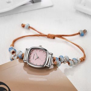 NEXTYOO Rhinestone Quartz Wristwatches Casual Simple Wrist Watches Weaving Beaded Electronic Watch Women