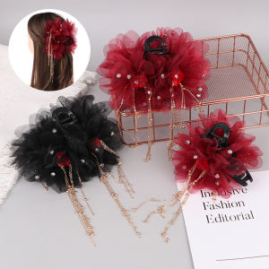 LYM Trendy Sweet Mesh Flower Tassel Hair Claw Elegant Temperament Large Shark Hair Clip Women Headwear Hair Accessories