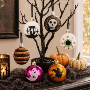 JPTD 16Pcs/Set 6cm Halloween Decoration Pendant Painted Plastic Halloween Ball Ornament Halloween Balls Set DIY Halloween Hanging Ball Pendant Home Decoration