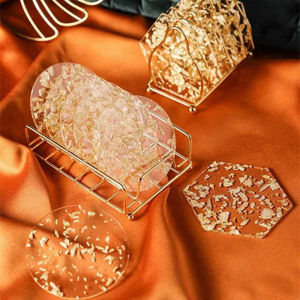 Yo-Fun Acrylic Gold Foil Coaster Heat Insulation Table Mat Round Hexagon Tea Coffee Table Desktop