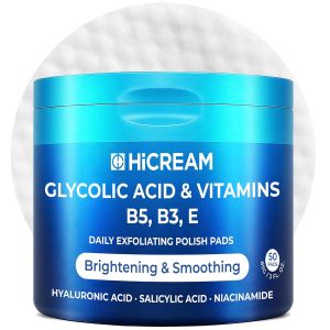 Hicream Glycolic Acid Pads Dual-Textured Facial Exfoliating Toner for Pore Care & Skin Radiance Deep Cleansing Peel with Niacinamide Salicylic Acid & Vitamins E B3 B5 (50 Pads)