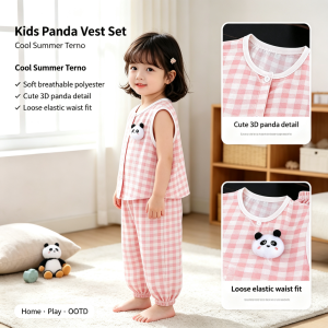 AILEBE Kids Sets Bear Doll Print Vest Pants Set Soft Breathable Polyester Summer Wear Cute Checkered Striped Style Elastic Waist Loose Comfy Fit Pambahay OOTD For Baby Girls Boys 2-8 Years