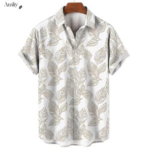 AMLIY Hawaiian Shirt Men Leaf Printed Beach Blouse Casual Shirts Short Sleeve Men