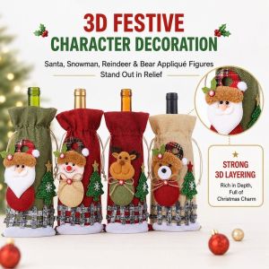 Christmas Wine Bottle Cover 3D Design Drawstring Linen Bag Christmas Table Ornament Home Storage Bag