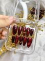 LNS- press on nails / kuku palsu wanita model cat eye maroon mawar. 