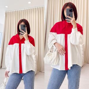 NANDO ATASAN KEMEJA WANITA CANTIK BAHAN KATUN POPLIN LENGAN BALON PANJANG MERAH PUTIH KOREA