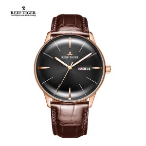 (OFFICIAL 3 Yrs WARRANTY) Reef Tiger/RT Classic Casual Watches Convex Lens Genuine Leather Strap Steel Automatic Watches with Date Day RGA8238