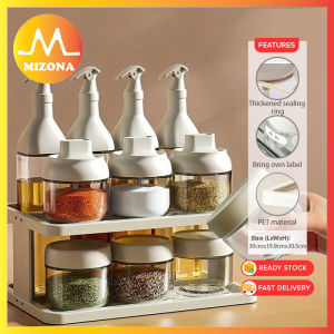 MIZONA Glass Oil Bottle Dispanser Set With Plastic Stand For Kitchen Glass Olive Bottle Spice Jar Set Botol Minyak Dan Bekas Rempah Kaca