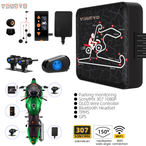 VSYSTO Motorcycle Dash Cam Q6U with Dual SONY IMX307 1080P Cameras OLED Screen Wire Controller support WIFIParking Monitoring Bluetooth Headset TPMS GPS Track Waterproof