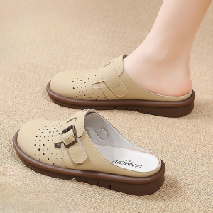 Womens Flat Mules Lightweight Leather Wrapped Toe Slip-ons Shoes Roman