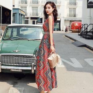 ELF TRIBE Đầm Lụa Cotton Cho Nữ Đầm Đi Biển In Họa Tiết Cổ Điển Không Tay Viền Lớn