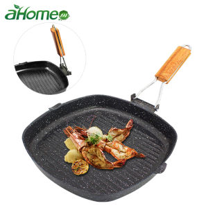 Fypo กระทะทอดสเต๊กเนื้อกระทะย่าง BBQ แบบพับได้กระทะก้นลึกไม่ติดกระทะทําอาหารก๊าซกระทะย่างบาร์บีคิวขนาด20/24/28ซม.