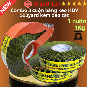 Combo 3 cuộn băng keo hàng dễ vỡ 500yard kèm dao cắt 1 cuộn nặng 1kg rộng 4.7cm lõi giấy 5mm