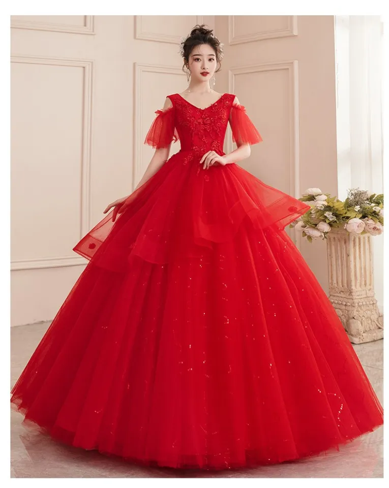 Various styles - red lace ball gown and A-line wedding/prom dress