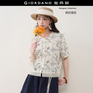 GIORDANO Women Shirts Premium Cord Embroidery Lace Trimmed Shirts Short Sleeve Fashionable Casual Loose Shirts 18346509
