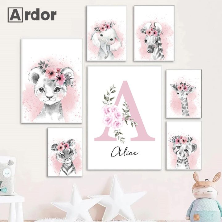 Hanxuelioo Custom Name Animals Wall Poster Pink Flower Art Prints