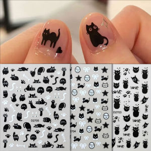 3Sheet Cartoon Black Cat Nail Art Stickers Cute Animal Nail Decal Self-Adhesive Nail Slider Decoration