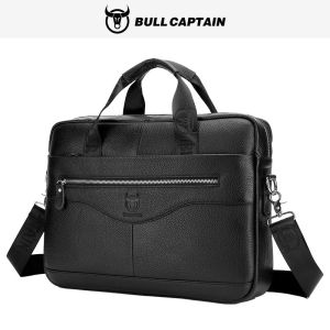 BULLCAPTAIN Briefcase Shoulder Messenger Bags Mens Genuine Leather 14-inch Laptop Bags Mens Briefcase Office Business Handbag