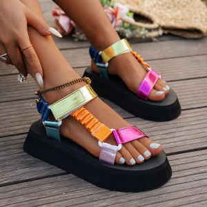 [Free Shipping] Plus-Size Sandals New Summer Styles Ethnic-Inspired Thick-Soled Open-Toe With Velcro Straps Color-Blocked For Outdoor Wear Beach Sandals