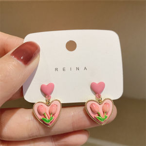 2 Pcs Pink Love Heart Flowers Tulip Earrings Women Delicate Earrings New Trendy Earring Jewelry Accessories Earrings Stud