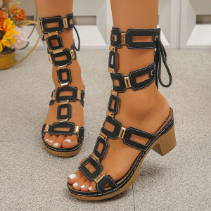 [Free Shipping] 2026 Summer New Collection: WomenS Fashionable Strappy Block Heel Sandals Open-Toe High Heels Roman Style Plus Size Sandals