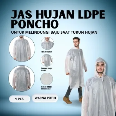Jas Hujan Plastik Poncho Putih Disposable Bening LDPE Lengan Panjang