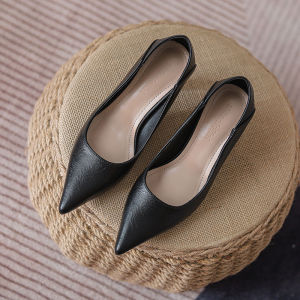 [Free Shipping] WomenS Work Shoes Soft-Soled Black High-Heeled Stiletto Heels Professional Attire Pointed-Toe Low-Heeled Soft Leather Work Shoes Office Shoes