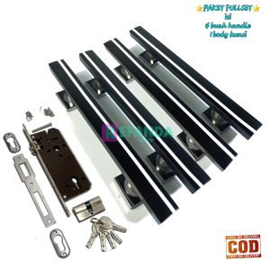 paket body kunci lock dan 4 buah tarikan gagang handle pintu rumah minimalis panjang 33cm dan 45cm bahan stainless steel untuk daun pintu 2 pintu depan model kupu tarung