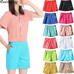 Ruizhijzg Plus Size S-4XL Cotton Womens Shorts Summer Ladies Girls High Waist Loose Casual Short Pants Female Sport Yoga Elastic Waist Shorts Trousers Plain Color