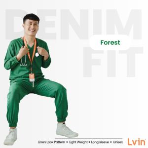 [ Lvin ] Vol IV - Denim 02 - Baju OKA Lengan Panjang Karet Celana Joger / Baju oka joger / Baju Oka V neck / Baju Jaga / Set Baju Celana Jaga Oka / Dokter Lengan Panjang/ Baju OK two tone / Nature Series
