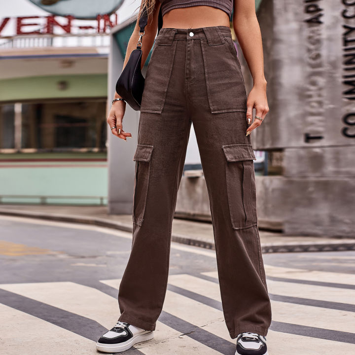 Jeans Women Solid Color Large Pocket Loose High Waisted Button Cargo Pants