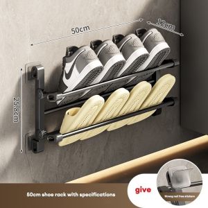 2-Tier Aluminum Wall-Mounted Shoe Rack Space-Saving No-Drill Bathroom Shoe Organizer for Slippers Bathroom Organizers