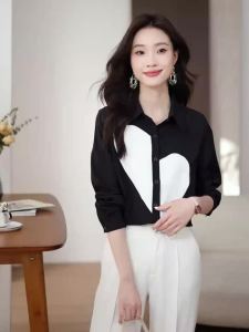AMMIN 2025 Stylish Casual Autumn Lapel Fashion Irregular Heart Print Long Sleeve Commuter Chiffon Blouse for Women Korean Style Single-Breasted Elegant Blouse