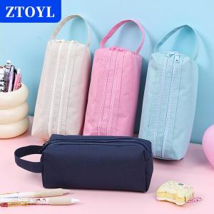 [COD] ZTOYL กระเป๋าเก็บเครื่องเขียนแบบมีซิปสองชั้นความจุมากกระเป๋าดินสอสีทึบอุปกรณ์การเรียน